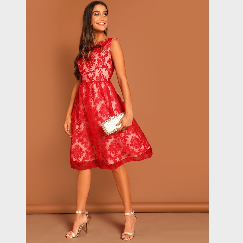 Red Mesh Floral Damask Fit & Flare Dress - Picture 2 of 8